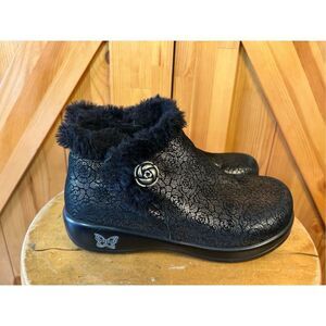 Alegria Womens EUR 35 US 4.5 Leather Meri Roses Black Floral Faux Fur Lined Boot